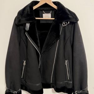 Laundry By Shelli Segal Faux Suede Aviator Moto Jacket with Faux Fur Lining